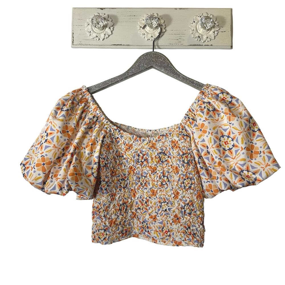 Anthropologie Dolan off-the-shoulder textured top with puff sleeve orange motif